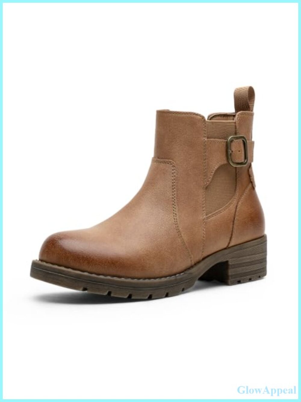 Women's Chelsea Low Heel Ankle Boots Pull On Booties with Buckle Faux Leather